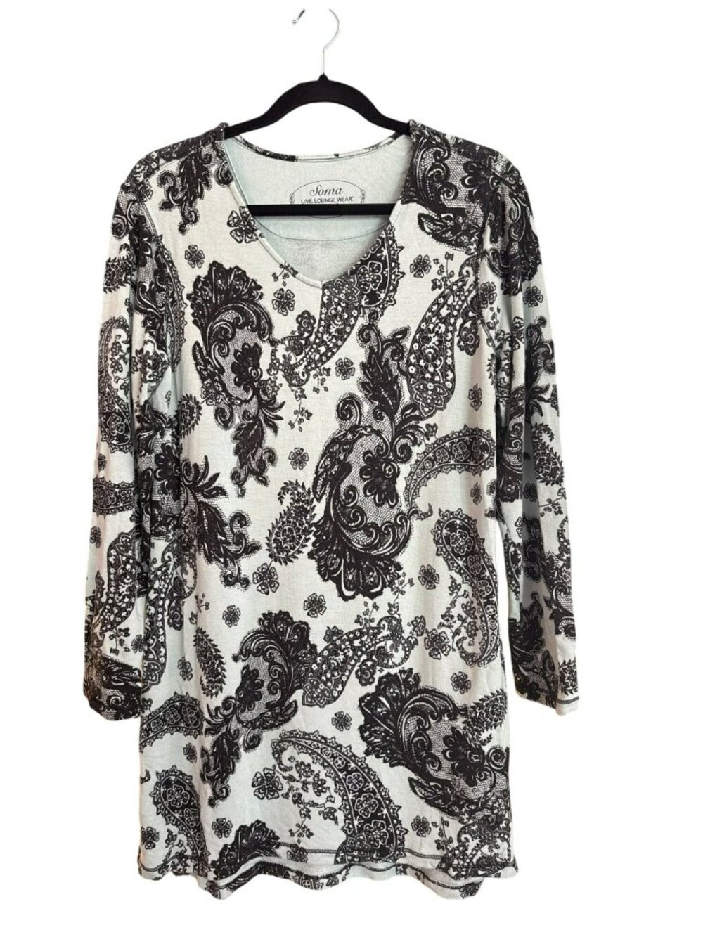 Soma Paisley Night Shirt Large Green Black French Terry Lounge Sleepshirt L